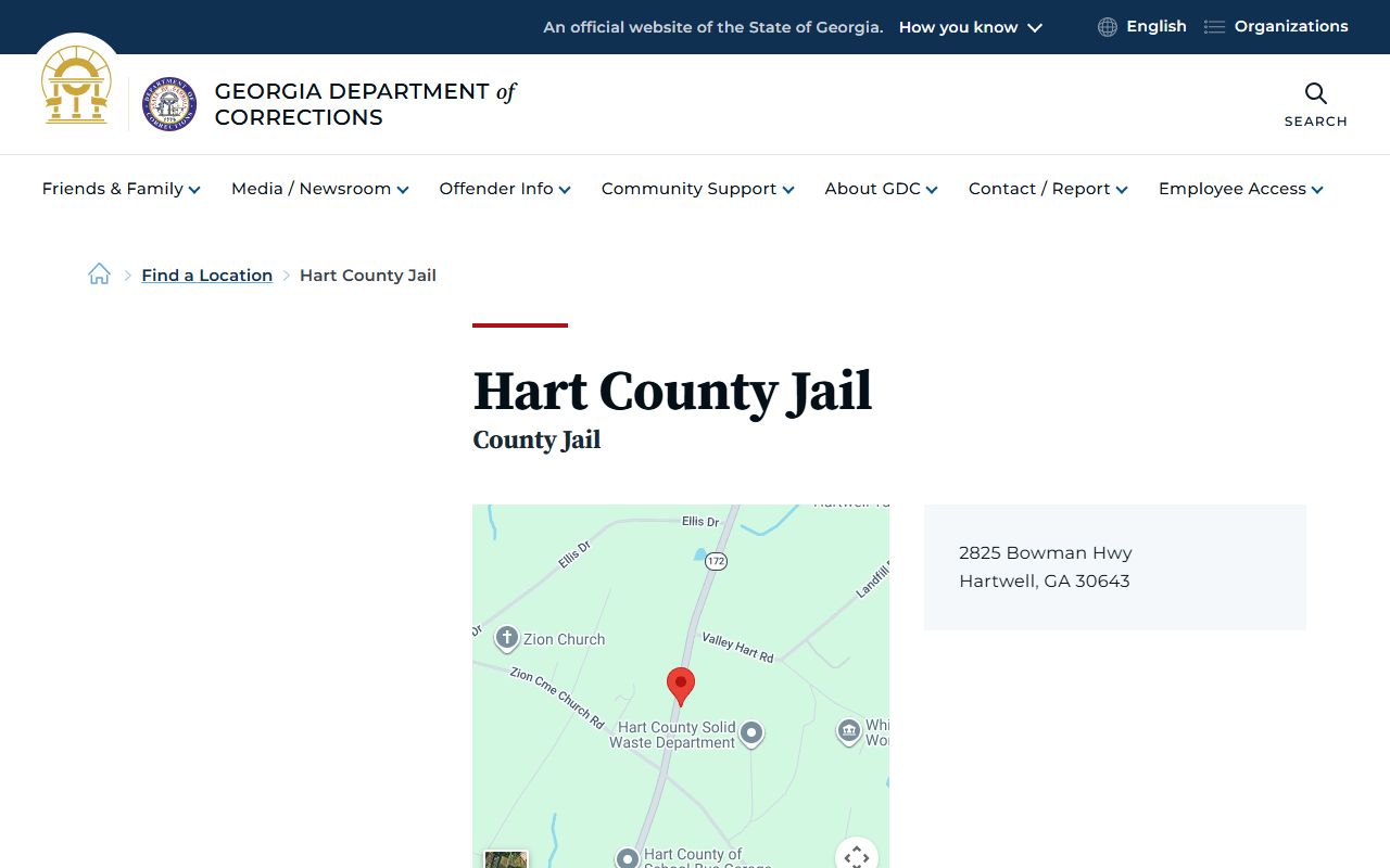 Hart County Jail GDC location listing for custody lookup